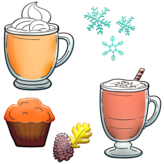 a cup of coffee, a muffin, and snowflakes, a digital rendering, naive art, spritesheet, pumpkin, high contrast illustration, drink milkshakes together