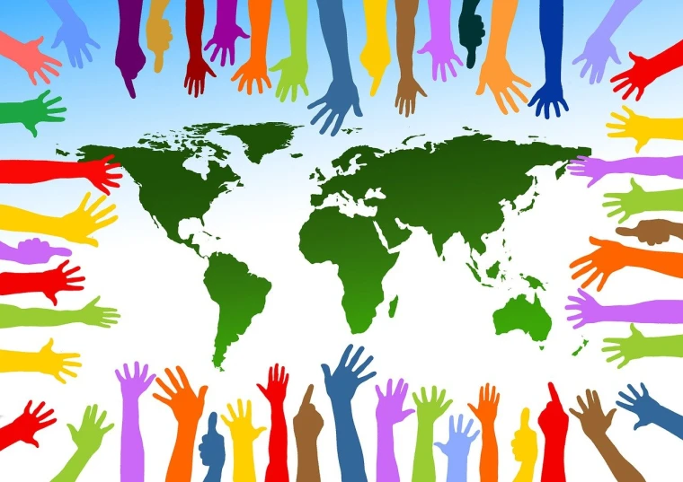 a group of multicolored hands surrounding a world map, conceptual art, banner, many arms, race, collectors