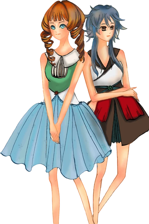 a couple of anime girls standing next to each other, inspired by Yuki Ogura, conceptual art, a blue skirt, aerith gainsborough, rotoscoped, ((oversaturated))