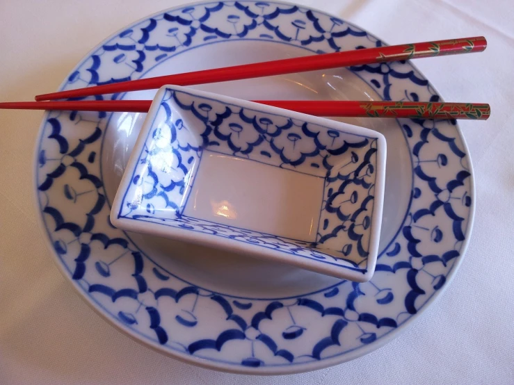a close up of a plate with chopsticks on it, a picture, dau-al-set, blue white colors, rectangle white porcelain table, in style of thawan duchanee, blog-photo