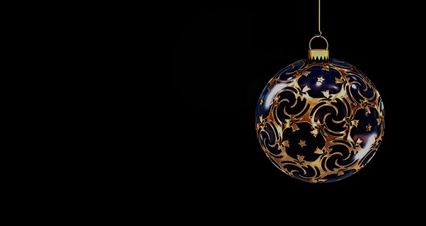 a close up of a christmas ornament on a black background, a digital rendering, by Andrei Kolkoutine, blue black gold, wallpaper mobile, description, wallpaper for monitor