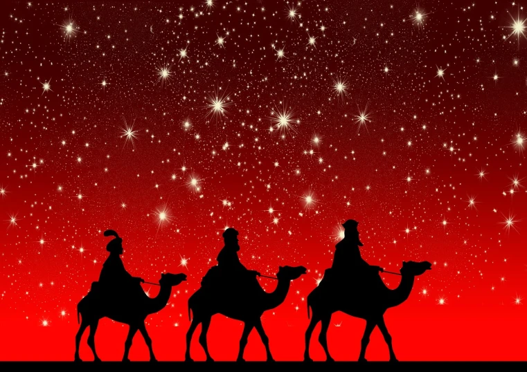 three people riding on the backs of three camels, an illustration of, shutterstock, fine art, under the silent night sky, on a red background, photo photo, vector”