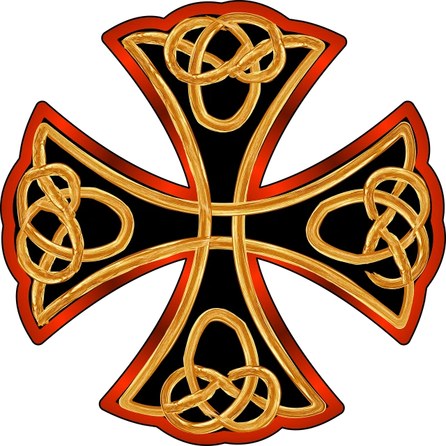 a golden celtic cross on a black background, a digital rendering, by Andrei Kolkoutine, art nouveau, red white and gold color scheme, professional woodcarving, band of gold round his breasts, intertwined