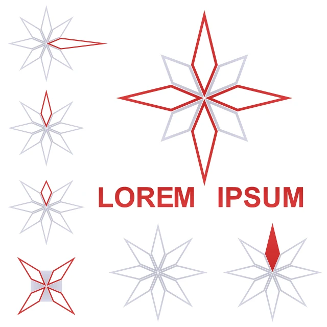 a set of star shapes on a white background, by Lajos Vajda, abstract illusionism, silver white red details, lorem ipsum dolor sit amet, company logo, ships