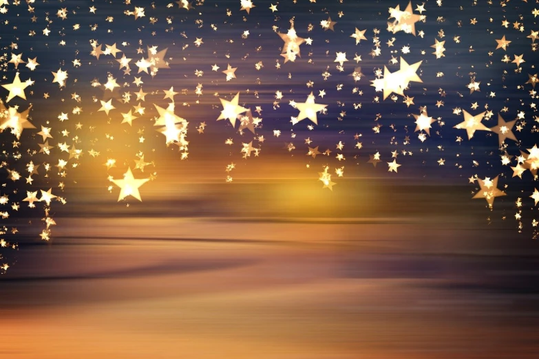 a picture of a bunch of stars in the sky, digital art, by Elaine Hamilton, shutterstock, digital art, beach sunset background, motion blur bokeh, wooden, christmas night