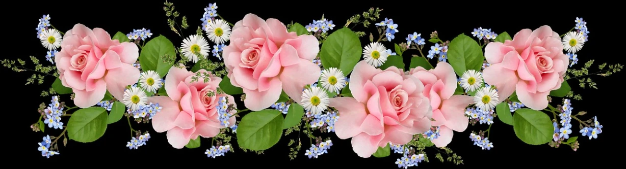 a bunch of pink roses on a black background, a digital rendering, by Rhea Carmi, pixabay, blue flowers accents, 😃😀😄☺🙃😉😗, roses and lush fern flowers, peter guthrie