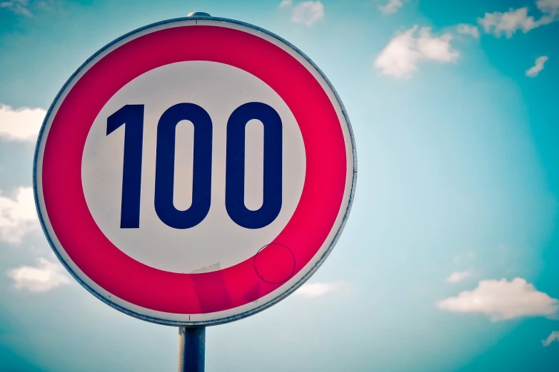 a close up of a street sign with a sky background, pixabay, sign that says 1 0 0, 100mm, benjamin vnuk, hundreds of them