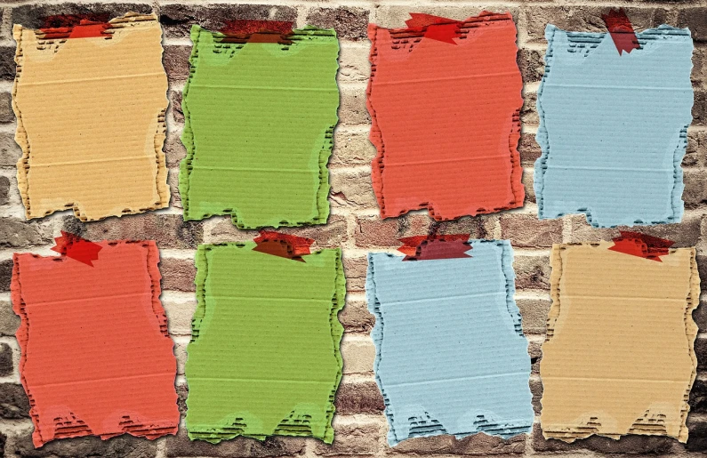 several pieces of paper taped to a brick wall, a screenshot, inspired by Jan Rustem, trending on pixabay, high colored texture, compressed jpeg, panels, 2 0 1 4