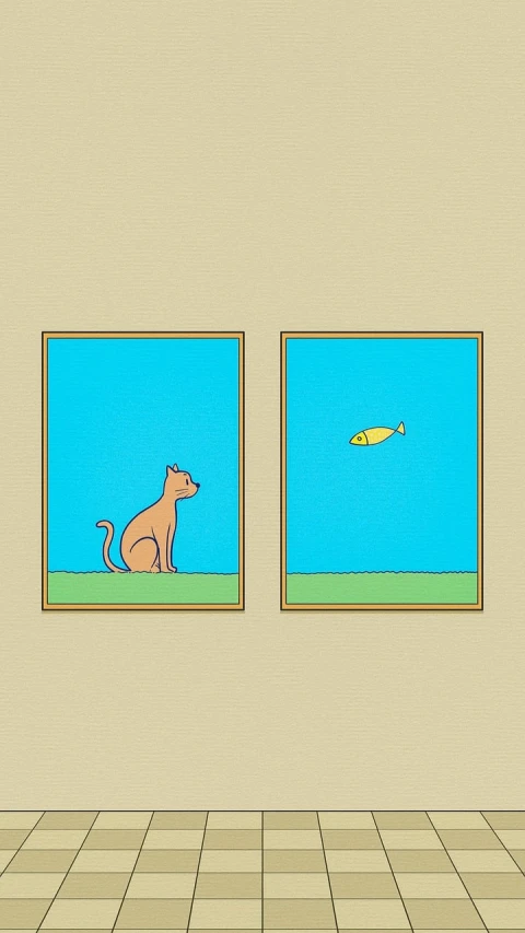 two paintings of a dog and a fish hanging on a wall, a minimalist painting, inspired by Charles W. Bartlett, naive art, digitally remastered, comic panels, levitating, joep hommerson