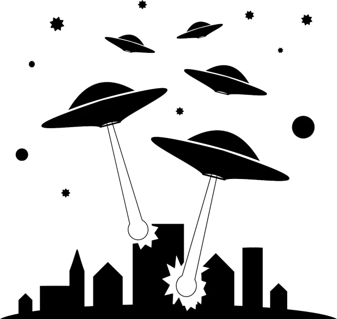 a black and white picture of aliens flying over a city, vector art, very minimal vector art, attack vector, clipart, floating objects