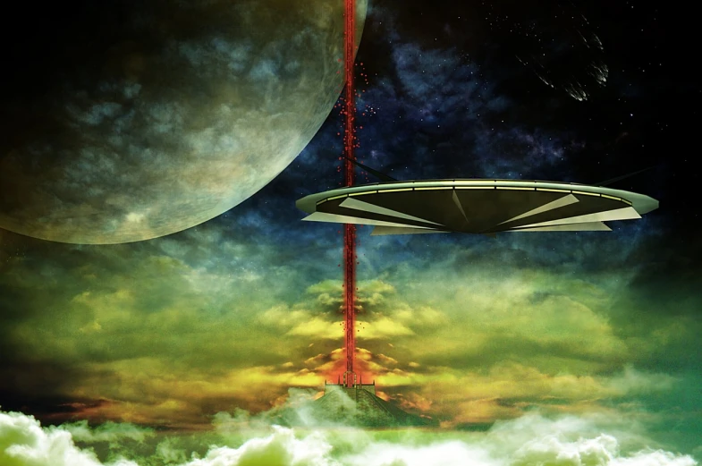 a space station flying through a cloudy sky, inspired by Paul Lehr, space art, posterized, bottom shot, a picture of a klingon musical, vertical wallpaper