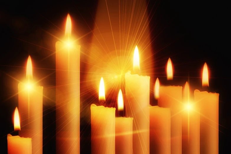 a group of lit candles sitting next to each other, digital art, shiny gold, istockphoto, illuminated for rays of light, reaching