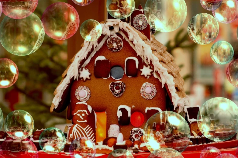 a gingerbread house in front of a christmas tree, a digital rendering, by Aleksander Gierymski, pexels, gumball machine, closeup - view, kaleidoscopic, stock photo