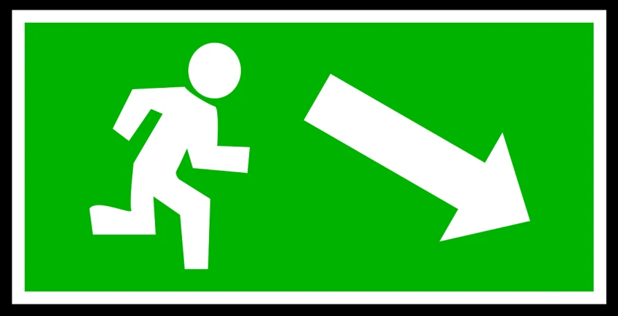 a green sign with a white arrow pointing to a man running, by Odhise Paskali, pixabay, happening, rescue from the underworld, earthquake, arson, box