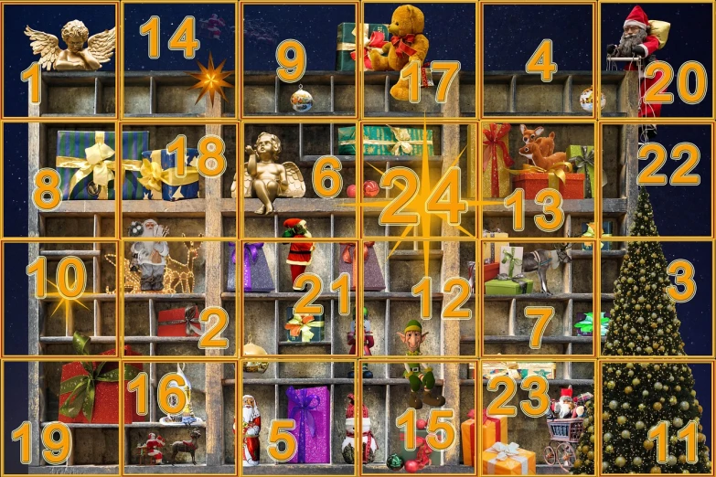 a display case filled with lots of christmas decorations, a jigsaw puzzle, by Maksimilijan Vanka, pixabay, naive art, golden number, iphone screenshot, female calendar, 3 2 x 3 2