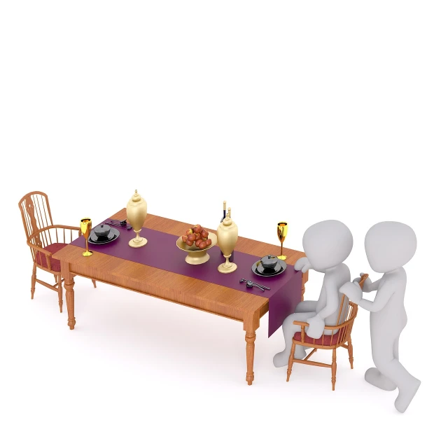 a couple of people that are sitting at a table, a digital rendering, conceptual art, 3 d character render, dinner is served, on the white background, distant photo