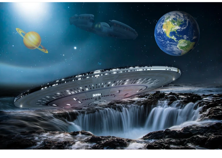 a spaceship flying over a waterfall with planets in the background, flat earth theory, futuristic orbital station!!!!, uss enterprise, populated with aliens and people