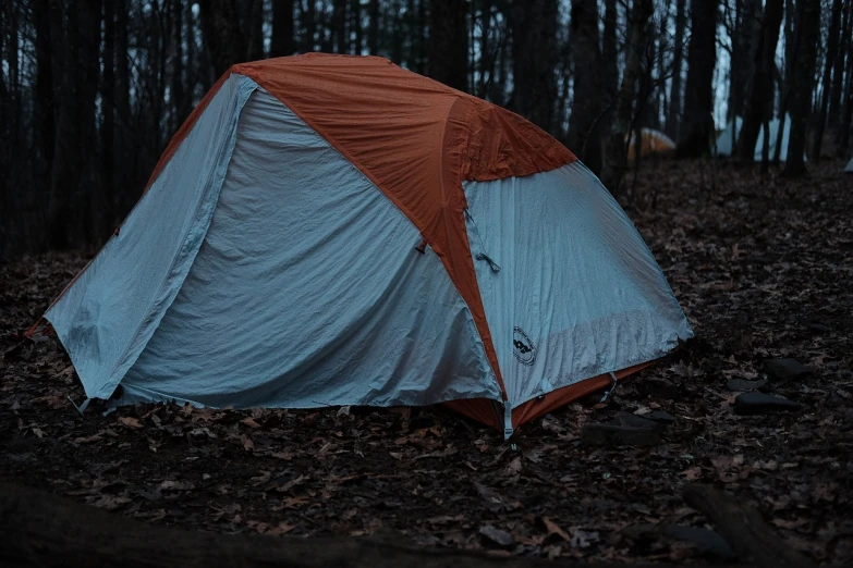 a tent sitting in the middle of a forest, by Adam Chmielowski, unsplash, orange grey white, in the rain in the early evening, asleep, side angle