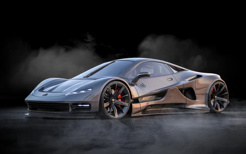 a silver sports car on a black background, a 3D render, by Adrian Zingg, zbrush central contest winner, conceptual art, adam west as batman 2022, mclaren, concept art-h 640, octane render. fog
