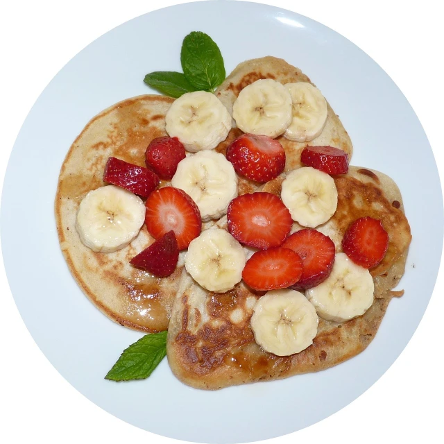 a white plate topped with pancakes covered in bananas and strawberries, flickr, cutout, clover, without duplication, glazed