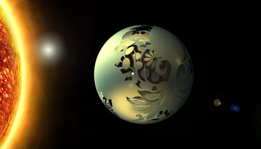 a close up of a planet with a sun in the background, a raytraced image, inspired by Frederick Goodall, flickr, filigree, global illumination!! intricate, contre jour, ball