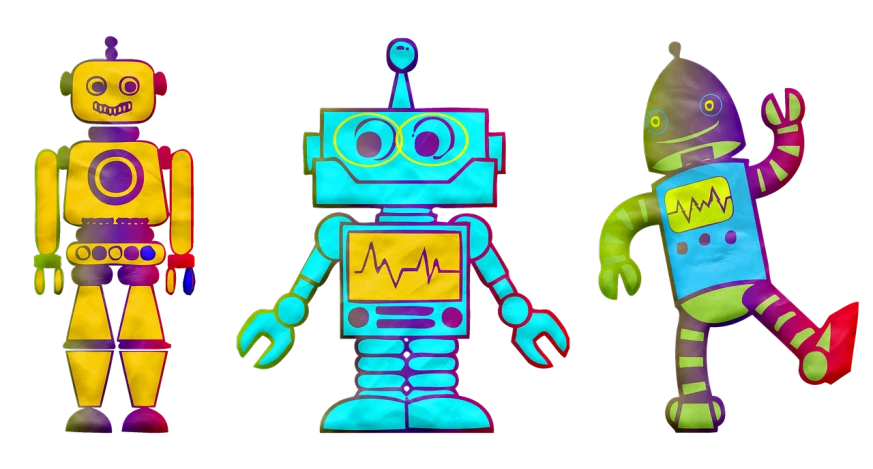 a group of three robots standing next to each other, a raytraced image, inspired by Eduardo Paolozzi, holography, 🐋 as 🐘 as 🤖 as 👽 as 🐳, stop motion vinyl action figure, uv blacklight, futurama