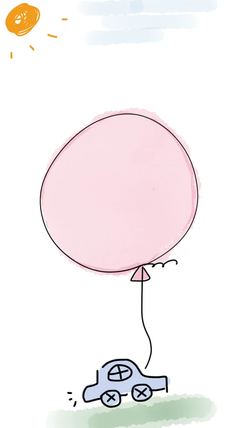 a drawing of a car with a balloon attached to it, by Pamela Drew, pexels, conceptual art, pink angry bubble, isolated on white, bottom angle, style of conrad roset