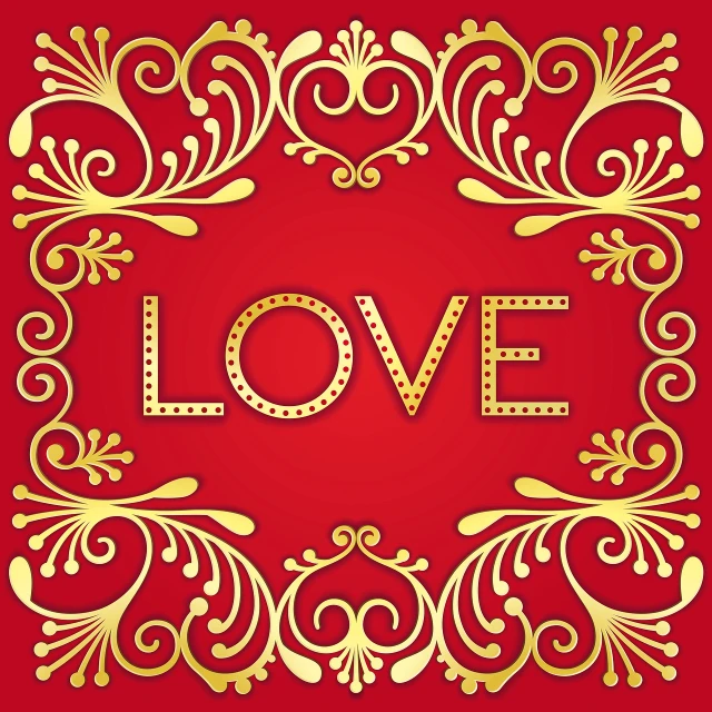 an ornate frame with the word love in gold on a red background, card back template, made with illustrator, square, words