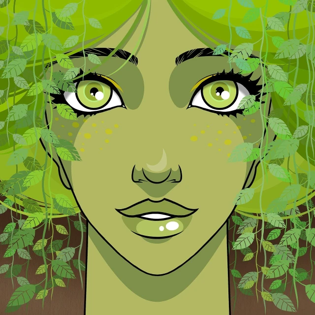 a close up of a person with green hair, vector art, inspired by Asaf Hanuka, shutterstock, beautiful elegant dryad, girl with white eyes, symmetrical face illustration, fern