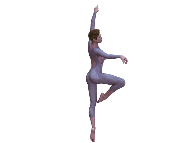 a woman that is standing in the air, a raytraced image, inspired by Elizabeth Polunin, zbrush central contest winner, arabesque, skintight suits, full body 8k, dancing a jig, second life avatar