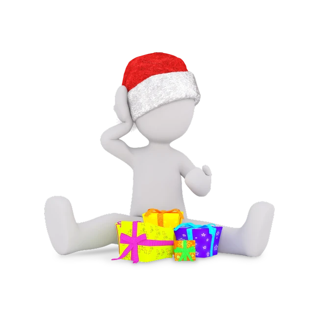 a person in a santa hat sitting on a pile of presents, a 3D render, stick figure, on a black background, relaxed dwarf with white hair, toy photo