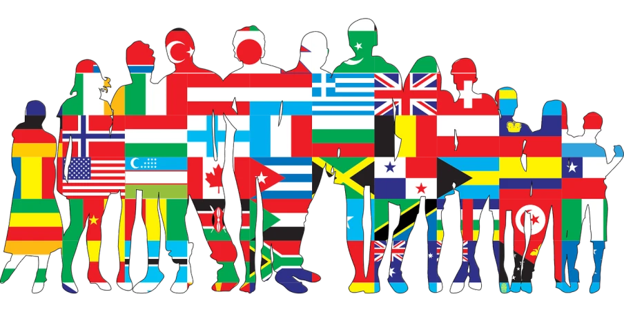 a group of people standing next to each other holding flags, an illustration of, shutterstock, high contrast, ethnic, silhoutte, colourful