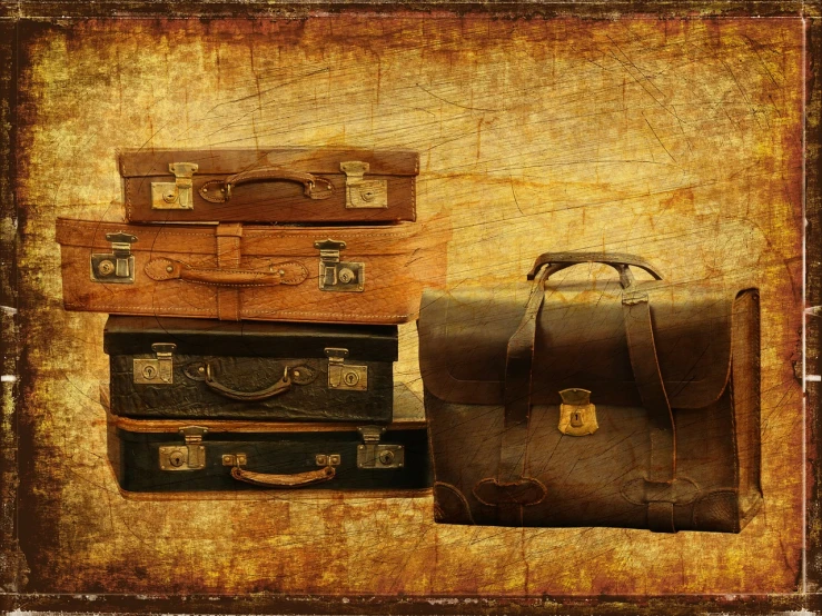 a pile of luggage sitting on top of a wooden floor, by Kurt Roesch, trending on pixabay, assemblage, vintage poster style, holding a briefcase, beautiful wallpaper, yellowed with age