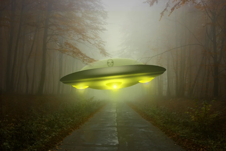 an alien spaceship flying through a foggy forest, a hologram, by Julian Allen, shutterstock, surrealism, crashed in roswell, news photo, flying car, discovered photo