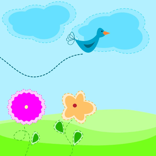 a blue bird flying over a field of flowers, an illustration of, naive art, cartoon style illustration, cloud, seams, simple and clean illustration