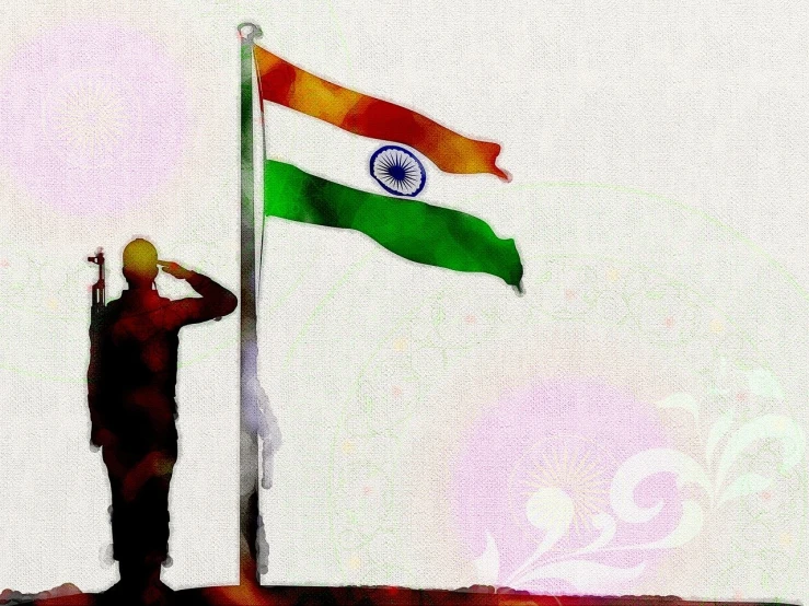 a painting of a man saluting the indian flag, a digital rendering, by Jitish Kallat, trending on pixabay, samikshavad, 85mm lens”, soldier, wallpaper!, very very low quality picture