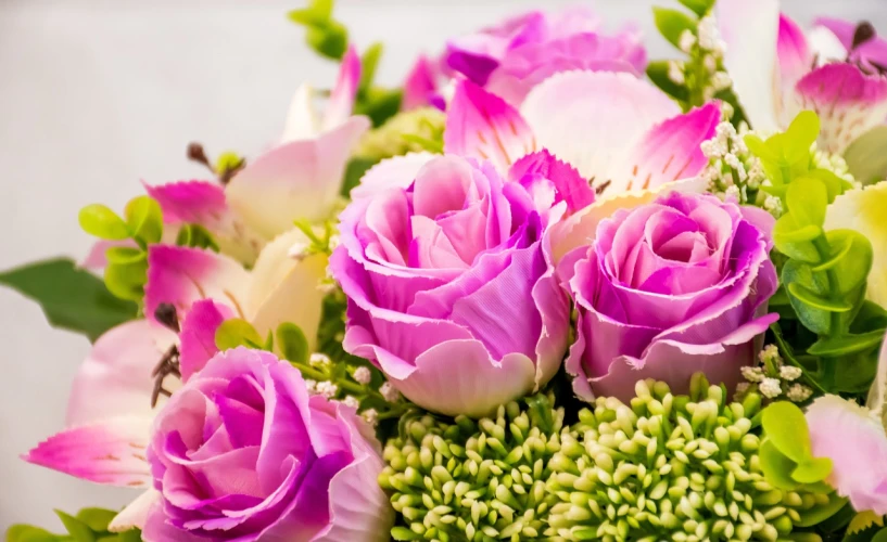 a close up of a bouquet of flowers, a picture, by Julian Allen, closeup 4k, pink and green, rosses, lime and violet