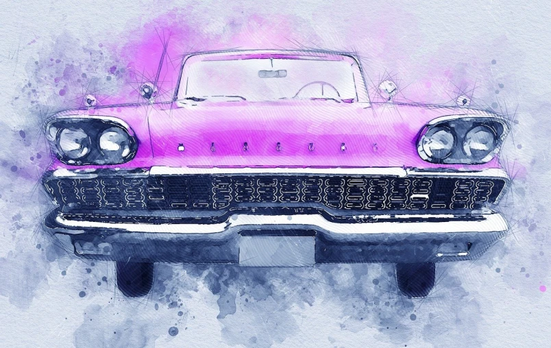 a watercolor painting of a pink classic car, trending on pixabay, digital art, taylor swift made of purple ice, detail shot, front, mercury