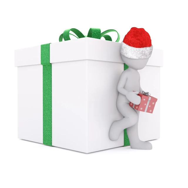 a person in a santa hat holding a present, a stock photo, figuration libre, smoth 3d illustration, very accurate photo, inside its box, on a white background