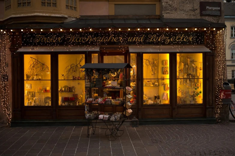 a store front is lit up with christmas lights, by Henriette Grindat, pexels, art nouveau, quiet beauty, switzerland, dark and beige atmosphere, medium format. soft light