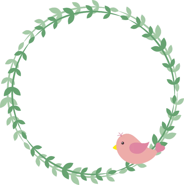 a pink bird sitting in a wreath of green leaves, a digital rendering, inspired by Masamitsu Ōta, pixabay, on a flat color black background, blank, round, very cute and childlike