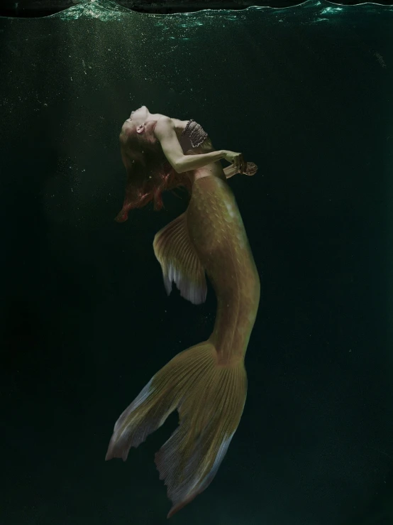 there is a mermaid that is swimming in the water, concept art, inspired by Brooke Shaden, conceptual art, cinematic full shot, musician, octane render ] ”, ellie bamber fairy