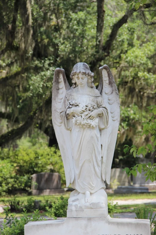 a statue of an angel holding a bunch of flowers, by Gertrude Greene, southern gothic, grand angel wings, ossuary, lush surroundings