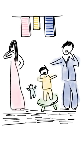 a drawing of a man standing next to a woman and a child, a child's drawing, by Yuko Tatsushima, scolding, simple illustration, indoor scene, transparent
