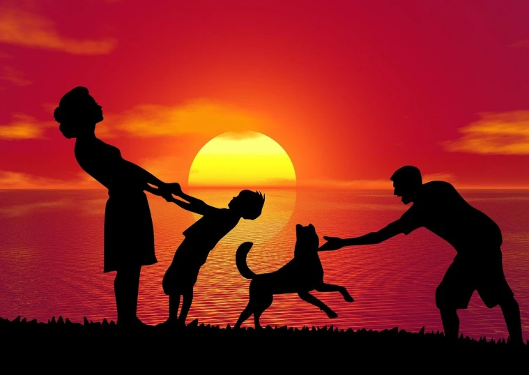 a family playing with a dog at sunset, pixabay, conceptual art, red sunset, take my hand, naturalistic technique, istockphoto