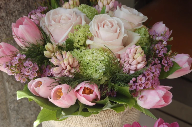 a vase filled with pink and white flowers, inspired by François Boquet, roses and tulips, middle close up composition, 🌸 🌼 💮, fully covered