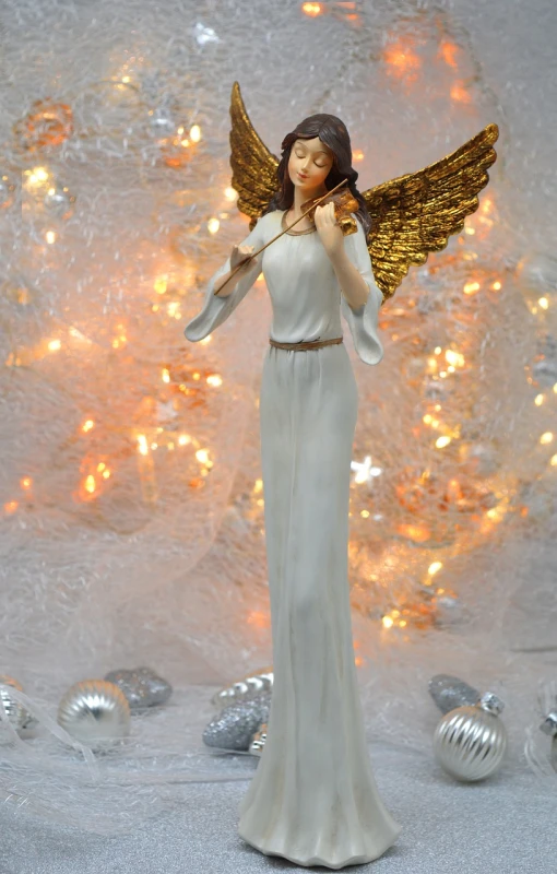 a figurine of an angel standing in front of a christmas tree, an art deco sculpture, by Marie Angel, high detail 1024, - h 1 0 2 4, full length shot, white with gold accents