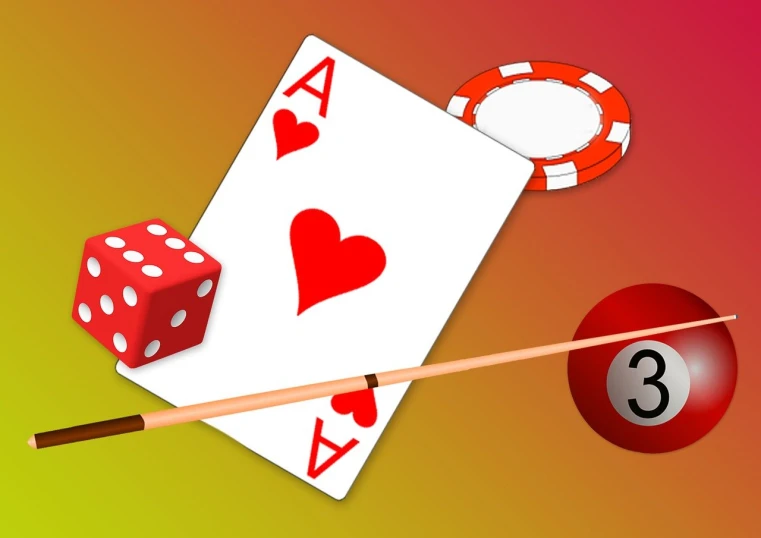 a pair of dice and a pair of cards next to a pool ball, a screenshot, by Wayne England, shutterstock, process art, fishing pole, cartoon style illustration, red theme, corrected hand