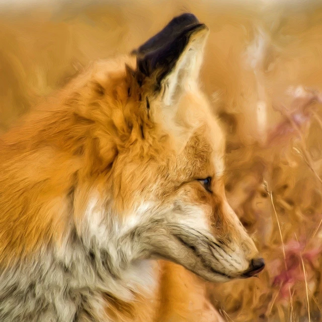 a close up of a fox in a field, a digital painting, by Brian Thomas, digital art, high detail impressionist style, very beautiful fur, profile close-up view, blurred and dreamy illustration