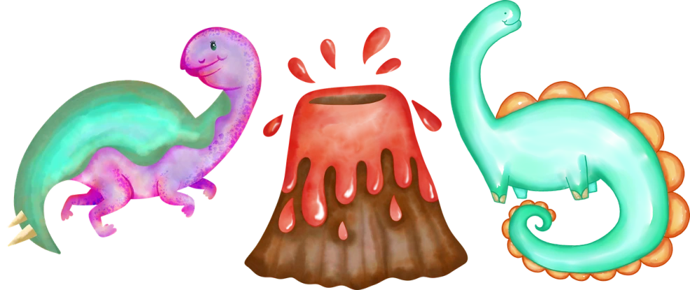 a couple of dinosaurs that are next to a volcano, inspired by Aquirax Uno, mingei, cutie mark, ethereal eel, colourful slime, rendered image